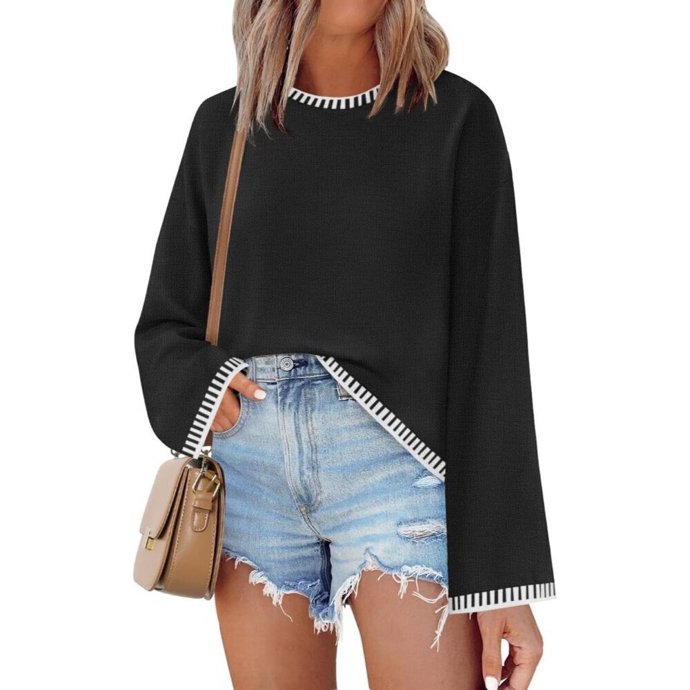 Women's Oversized Long Sleeve Knit Sweater Fall Crewneck Color Block Loose
